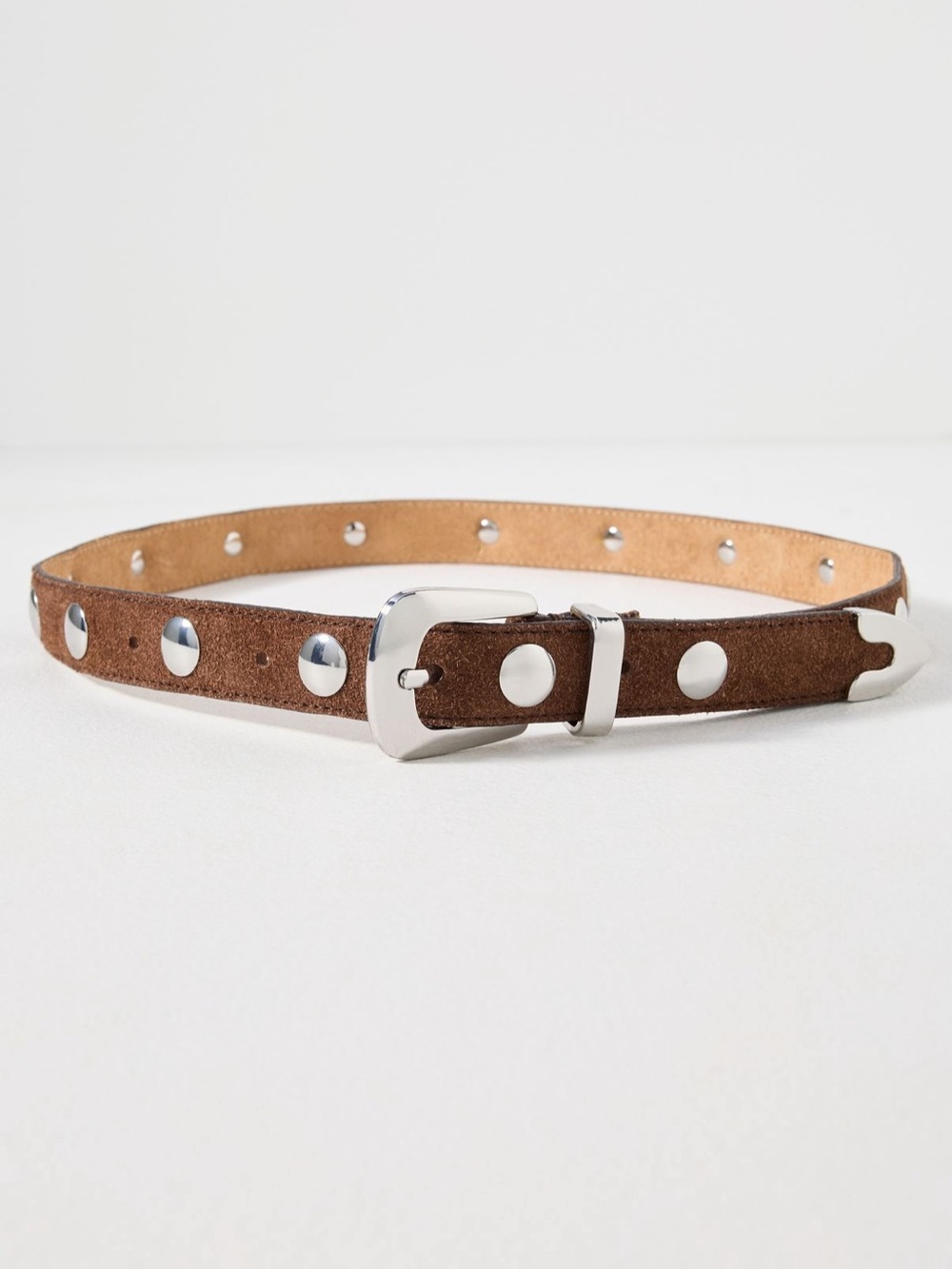 Brown Studded Suede Belt with Silver Hardware